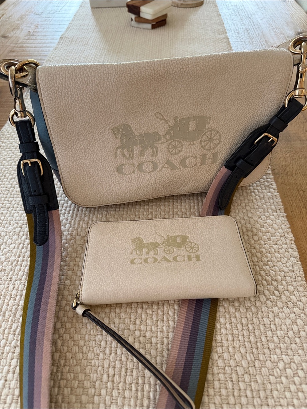 Coach Chalk Pebbled Leather Crossbody and Wristlet Set with Striped Strap